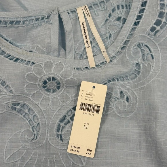 Anthropologie Eyelet Tank Top Size XL NWT Lace Trim Blouse Sky Blue - Picture 3 of 8